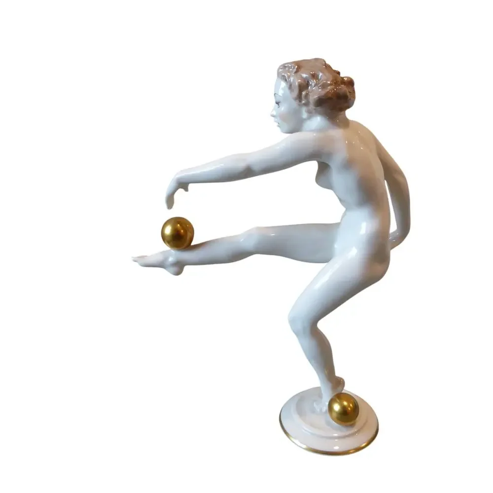 Hutschenreuther Art Deco Nude Woman Figurine Gold Ball 8.5